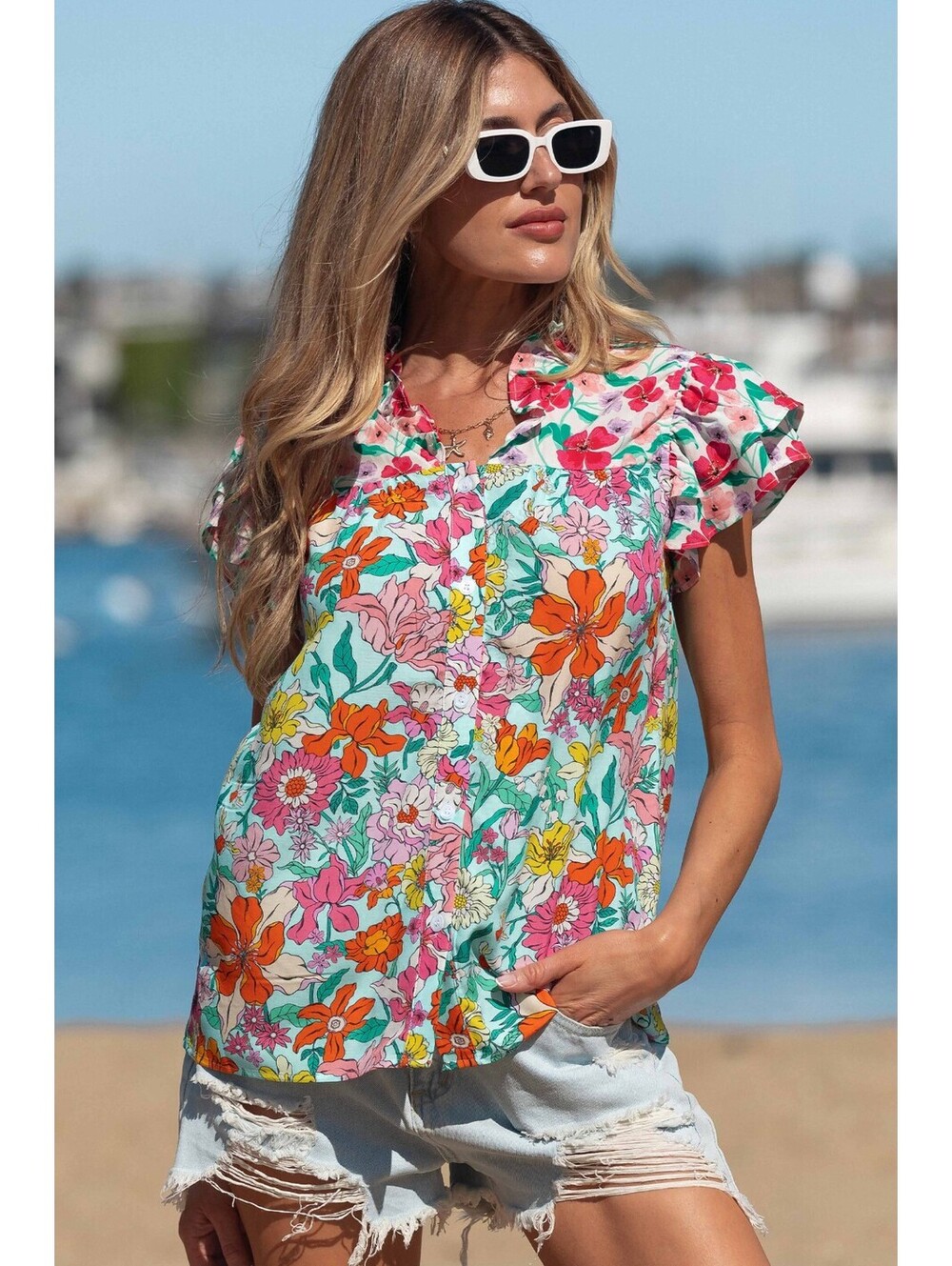 Floral Print Short Sleeve Button-Up Blouse with Ruffle Collar